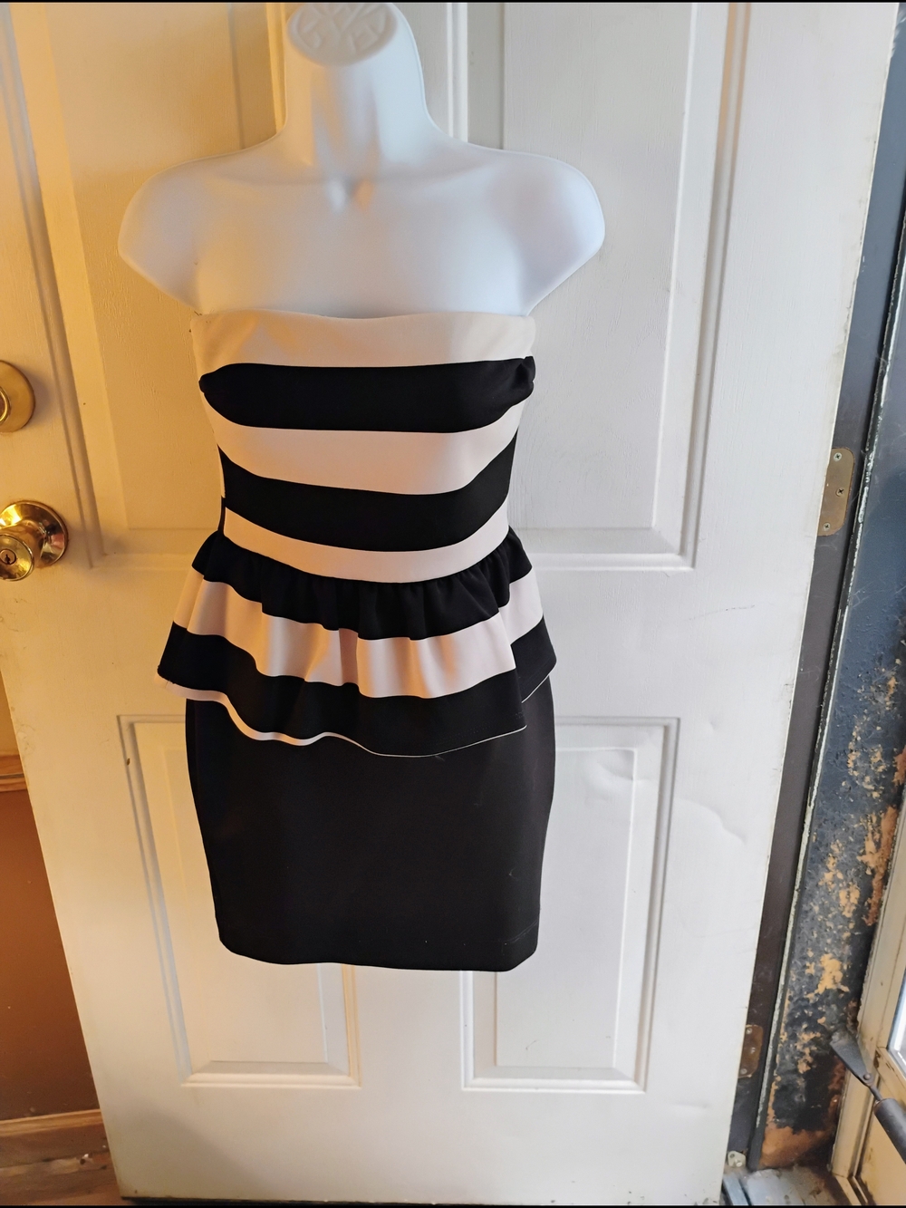 Windsor Strapless Black and White Peplum Mini Dress